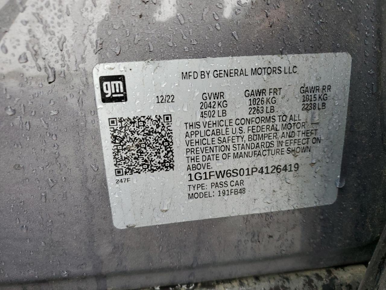 2023 CHEVROLET BOLT EV 1LT VIN:1G1FW6S01P4126419