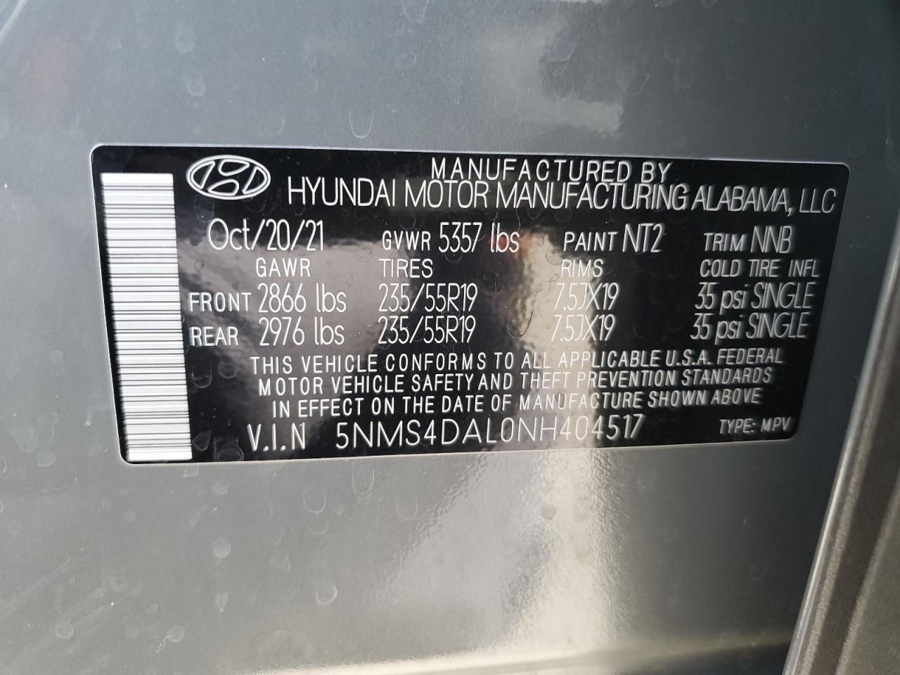 2022 HYUNDAI SANTA FE LIMITED VIN:5NMS4DAL0NH404517
