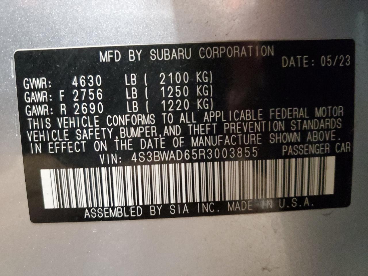 2024 SUBARU LEGACY PREMIUM VIN:4S3BWAD65R3003855