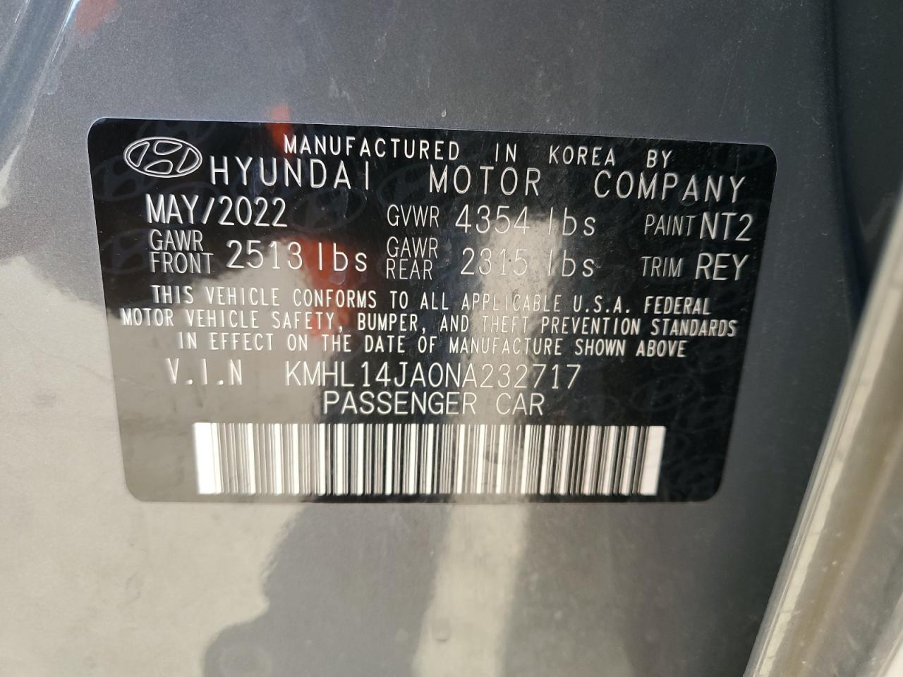 2022 HYUNDAI SONATA SEL VIN:KMHL14JA0NA232717