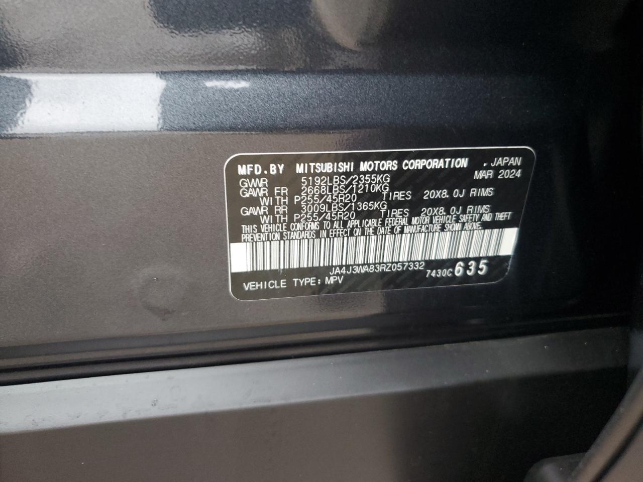 2024 MITSUBISHI OUTLANDER SEL VIN:JA4J3WA83RZ057332
