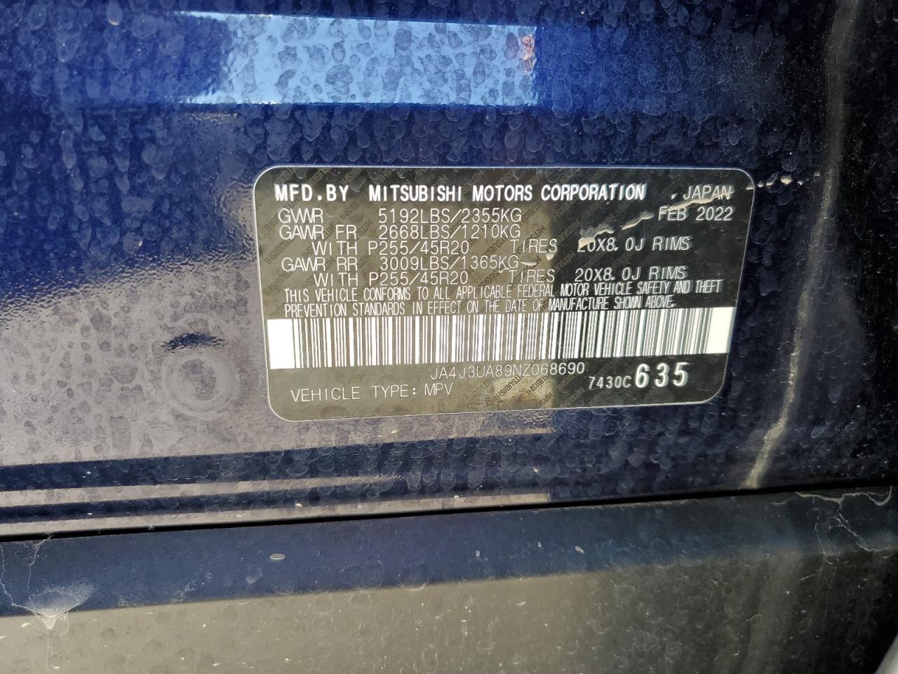 2022 MITSUBISHI OUTLANDER SE VIN:JA4J3UA89NZ068690