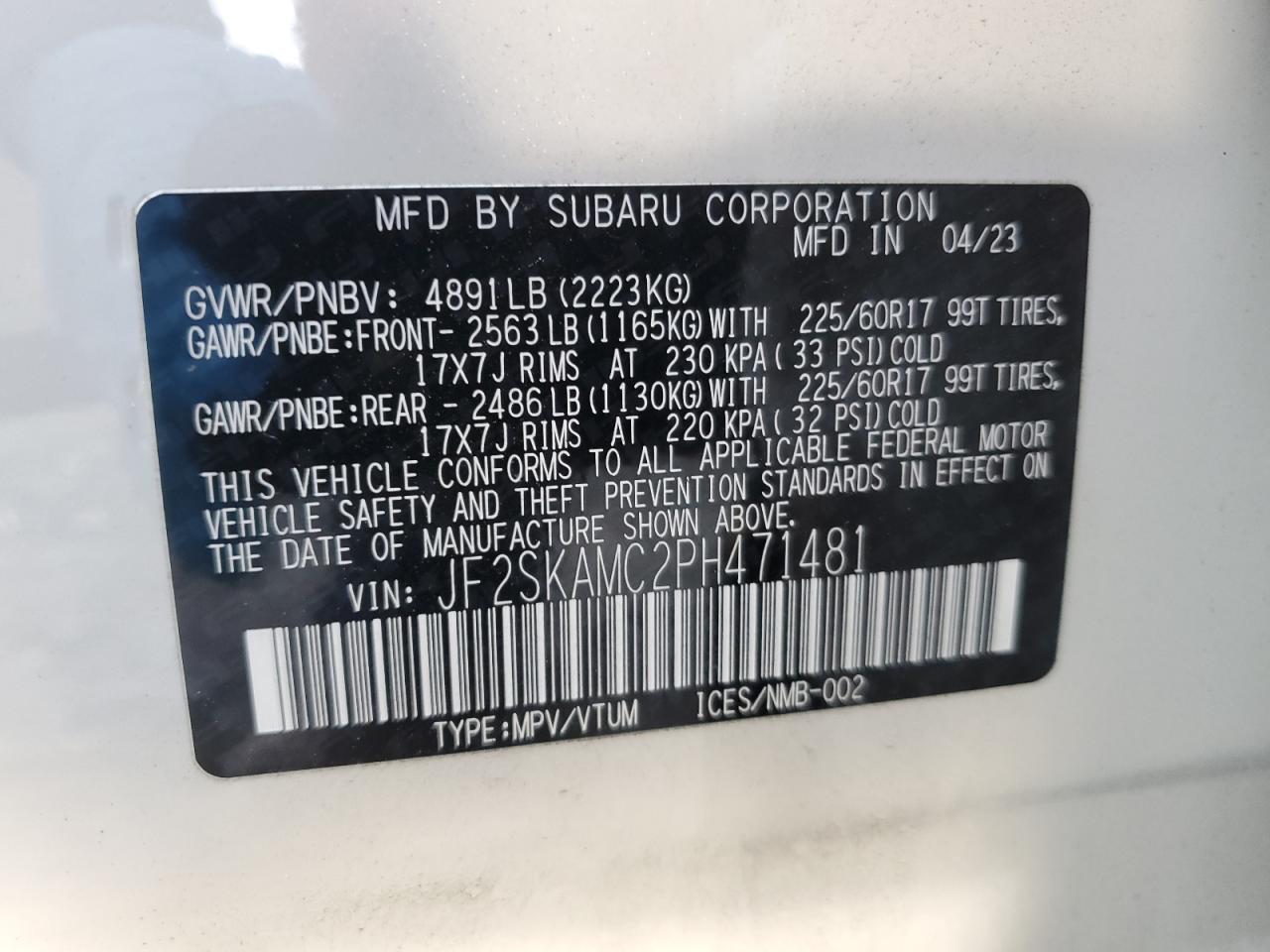 2023 SUBARU FORESTER WILDERNESS VIN:JF2SKAMC2PH471481