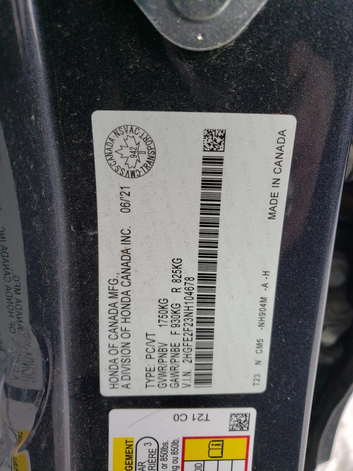 2022 HONDA CIVIC LX VIN:2HGFE2F23NH104678