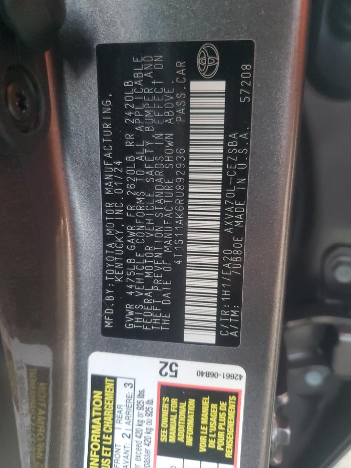 2024 TOYOTA CAMRY SE NIGHT SHADE VIN:4T1G11AK6RU892936
