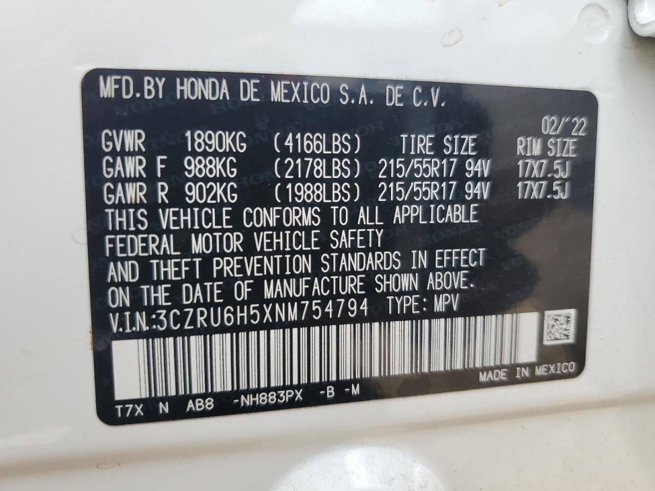 2022 HONDA HR-V EX VIN:3CZRU6H5XNM754794