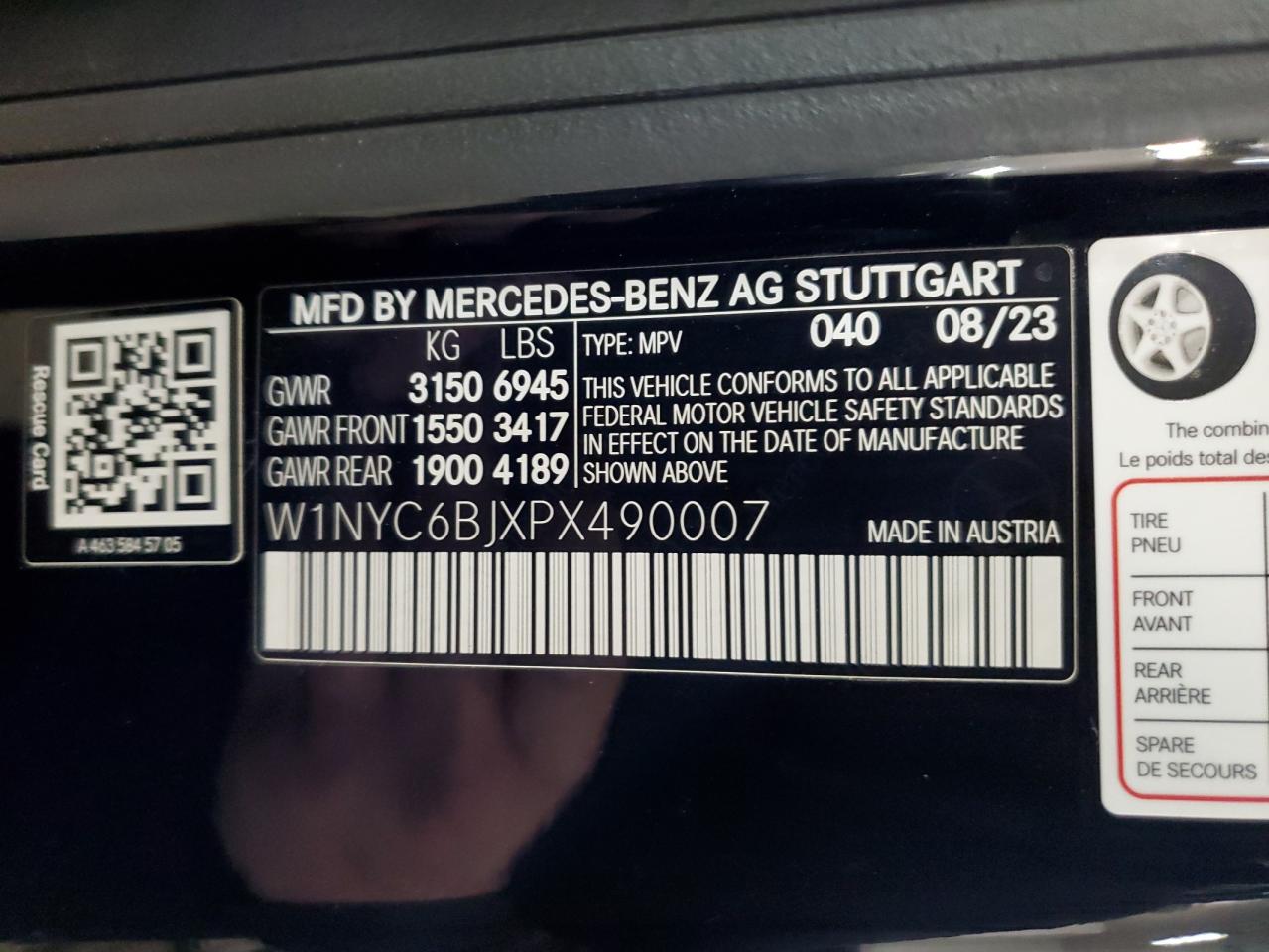 2023 MERCEDES-BENZ G 550 VIN:W1NYC6BJXPX490007