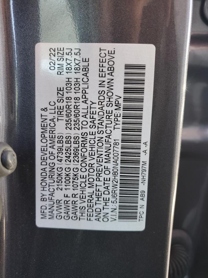 2022 HONDA CR-V EXL VIN:5J6RW2H80NA007781