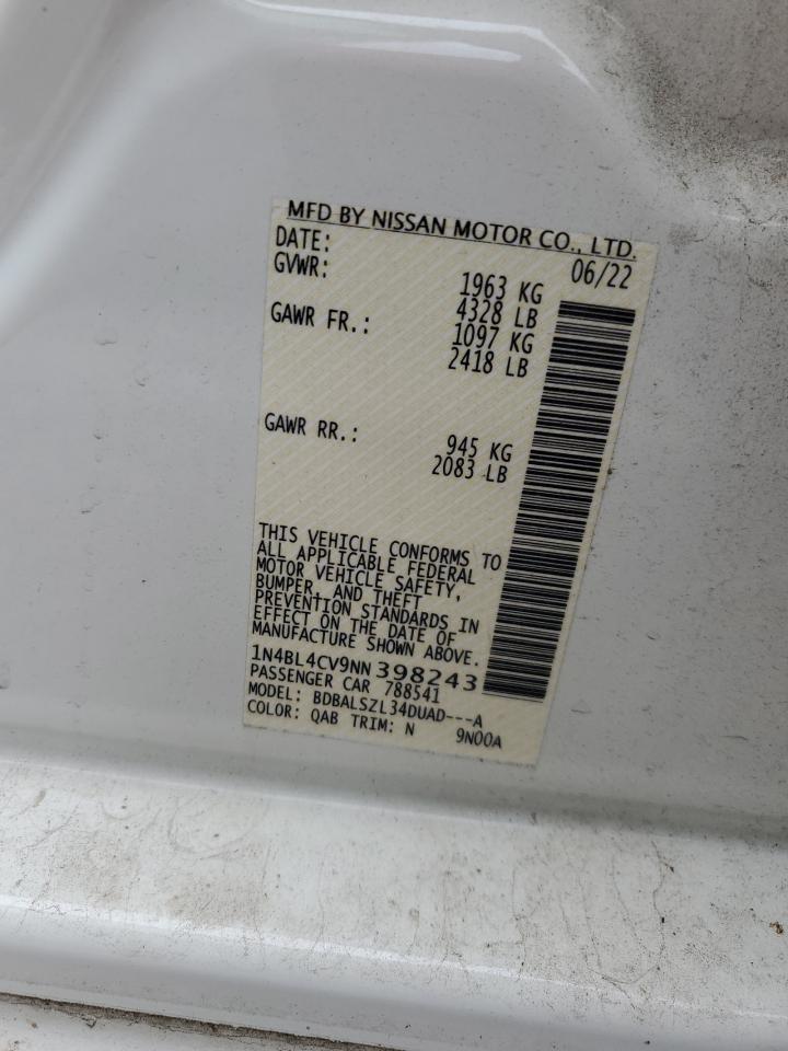 2022 NISSAN ALTIMA SR VIN:1N4BL4CV9NN398243
