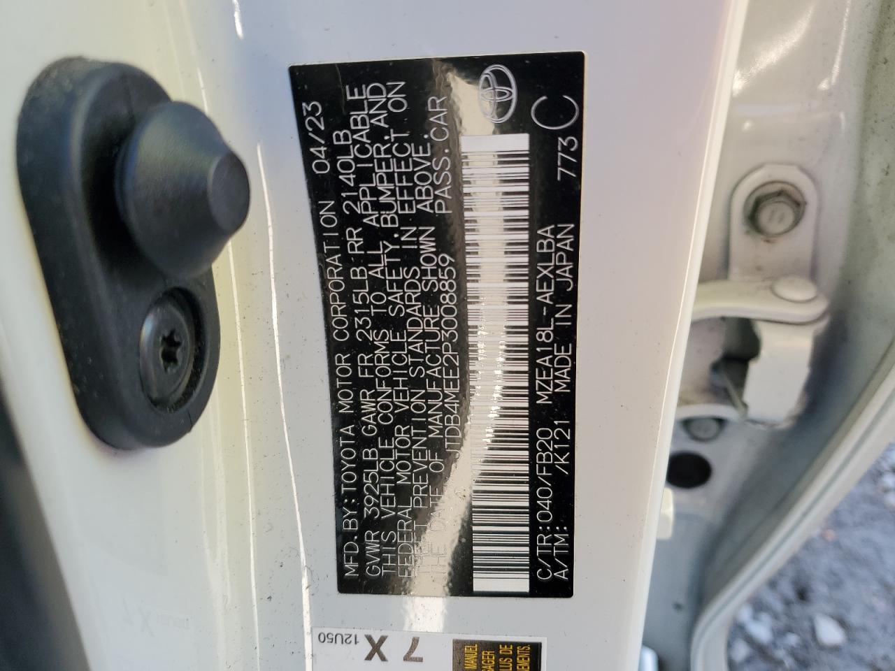 2023 TOYOTA COROLLA LE VIN:JTDB4MEE2P3008859