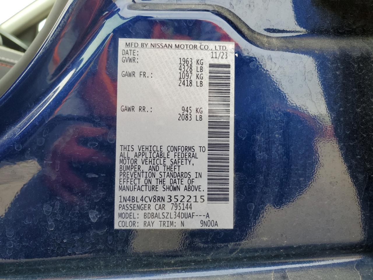 2024 NISSAN ALTIMA SR VIN:1N4BL4CV8RN352215