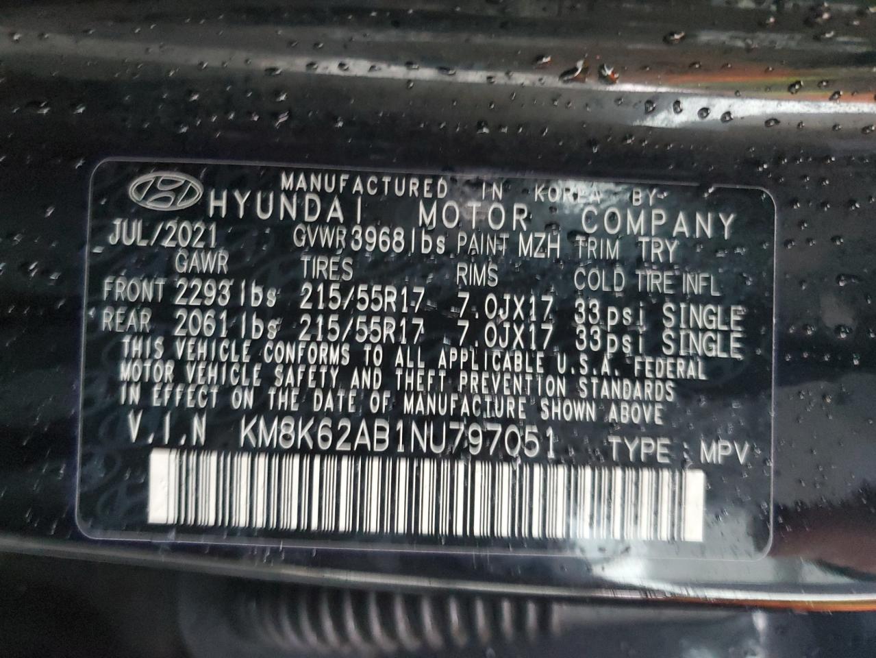 2022 HYUNDAI KONA SEL VIN:KM8K62AB1NU797051