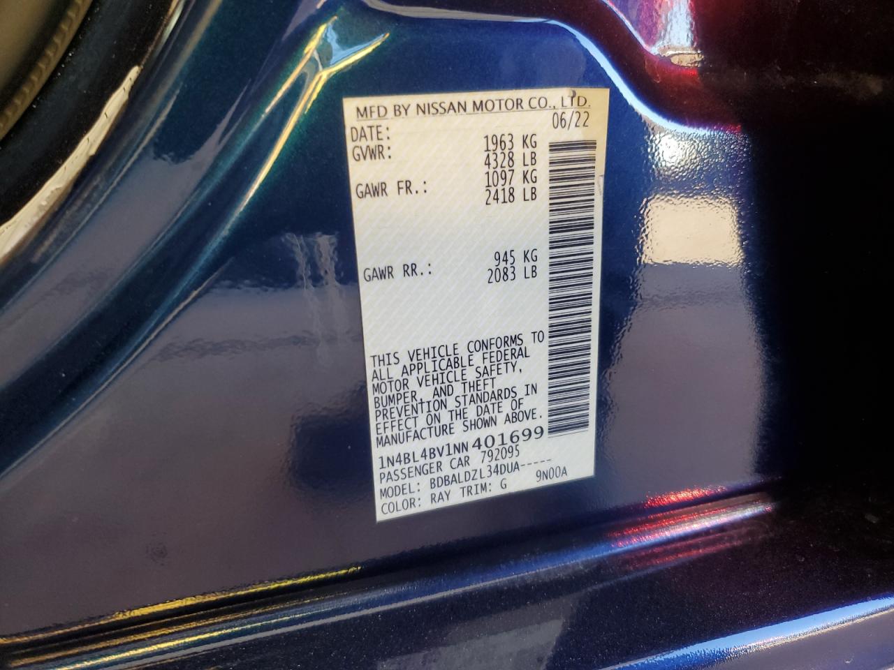 2022 NISSAN ALTIMA S VIN:1N4BL4BV1NN401699