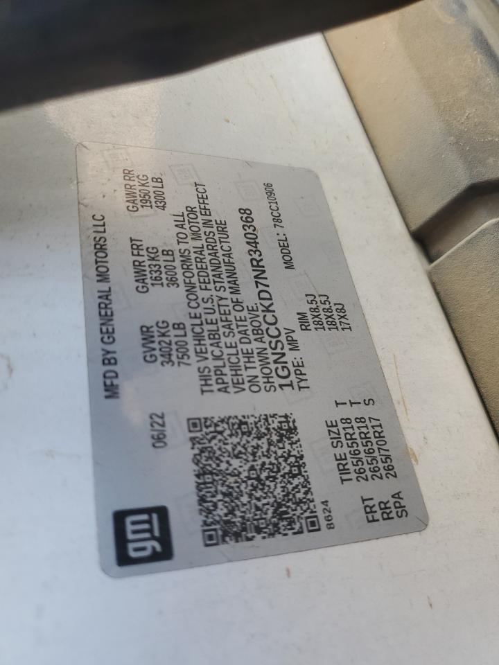 2022 CHEVROLET SUBURBAN C1500 LT VIN:1GNSCCKD7NR340368