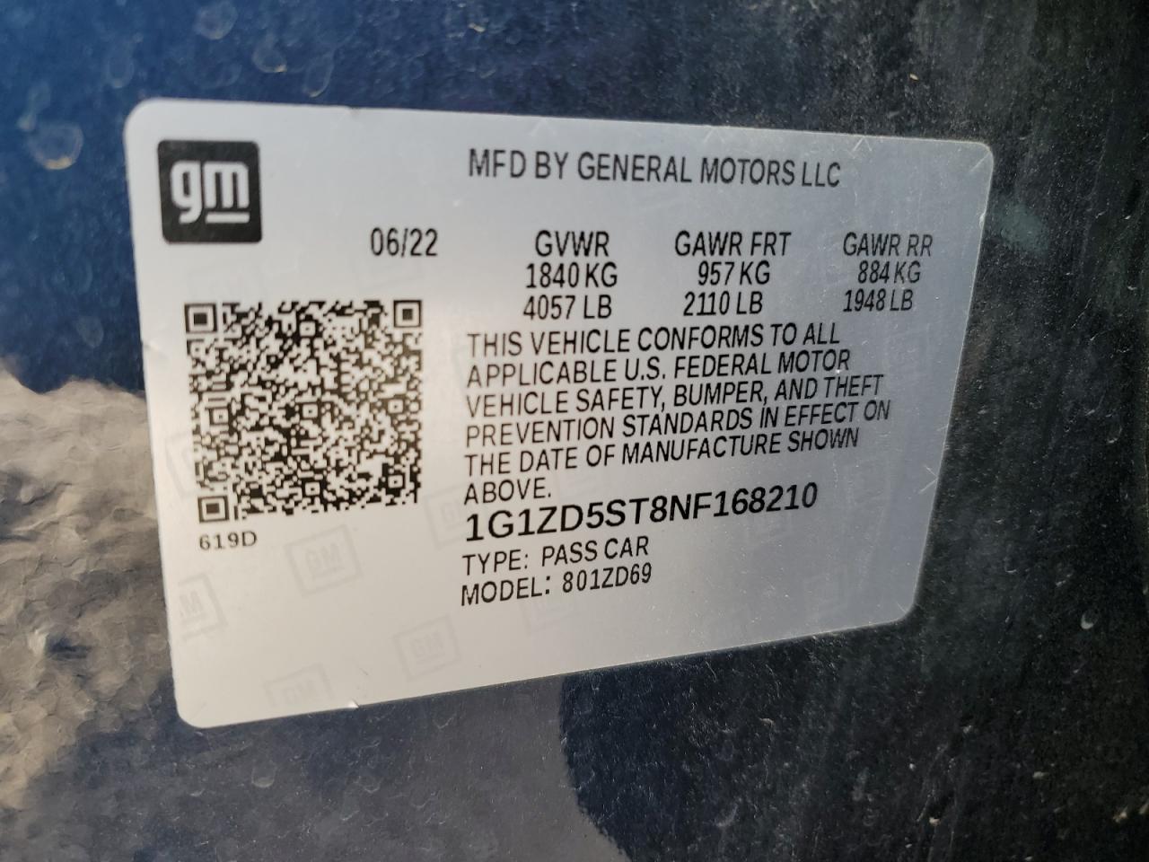 2022 CHEVROLET MALIBU LT VIN:1G1ZD5ST8NF168210