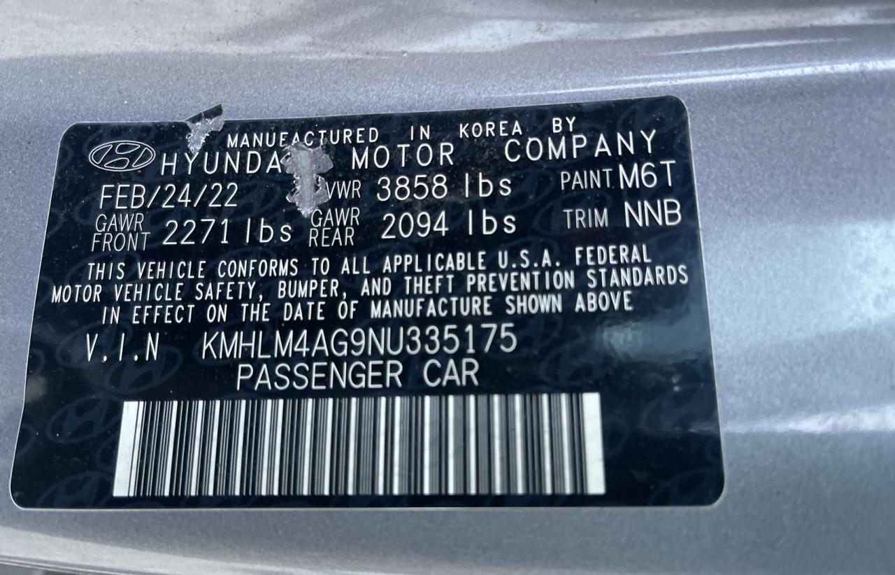 2022 HYUNDAI ELANTRA SEL VIN:KMHLM4AG9NU335175