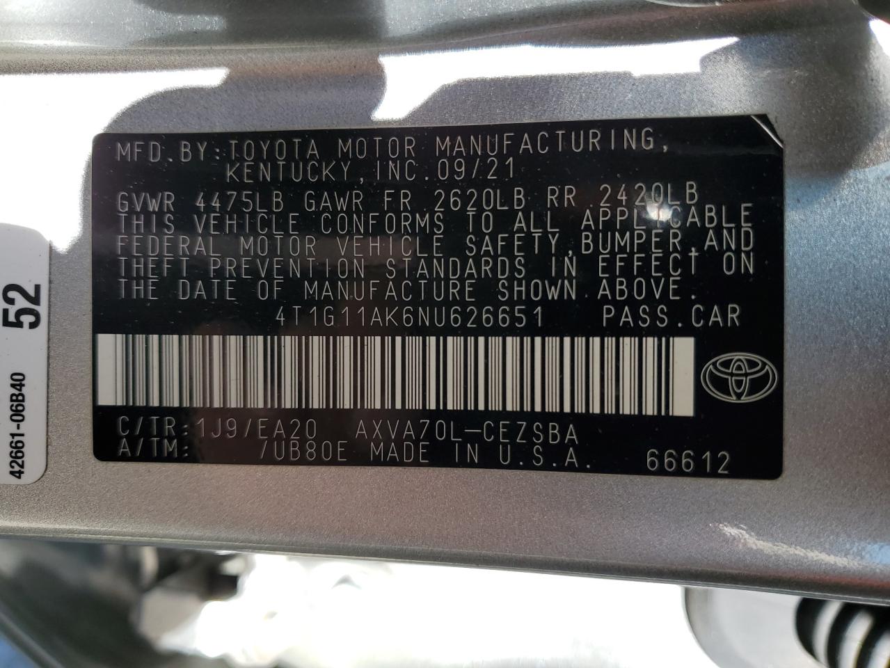 2022 TOYOTA CAMRY SE VIN:4T1G11AK6NU626651