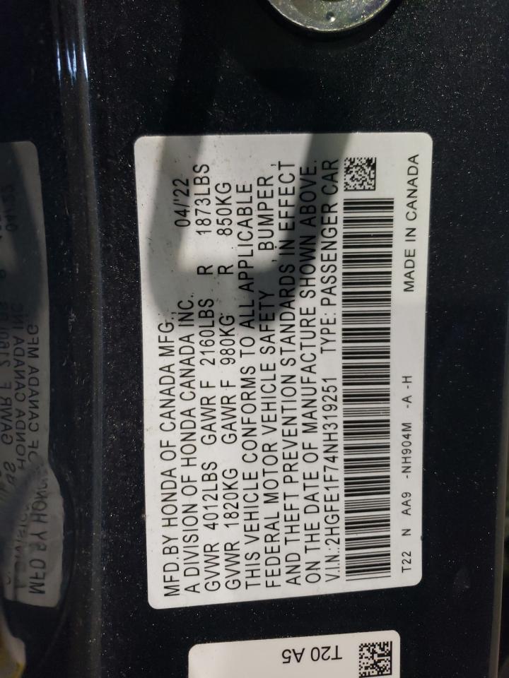2022 HONDA CIVIC EX VIN:2HGFE1F74NH319251