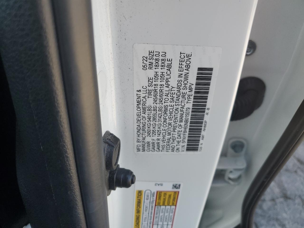 2022 HONDA PASSPORT TRAIL SPORT VIN:5FNYF8H60NB015079