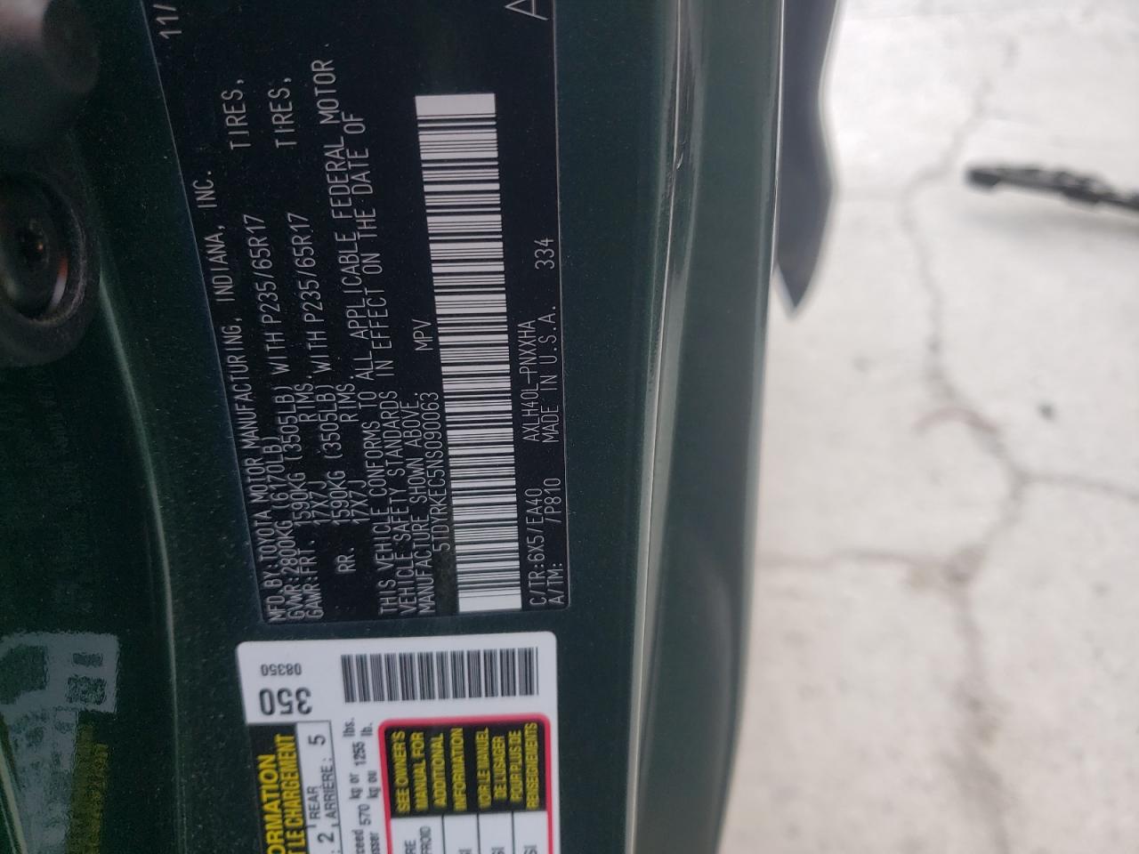 2022 TOYOTA SIENNA XLE VIN:5TDYRKEC5NS090063