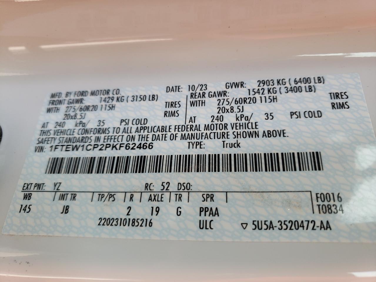 2023 FORD F150 SUPERCREW VIN:1FTEW1CP2PKF62466