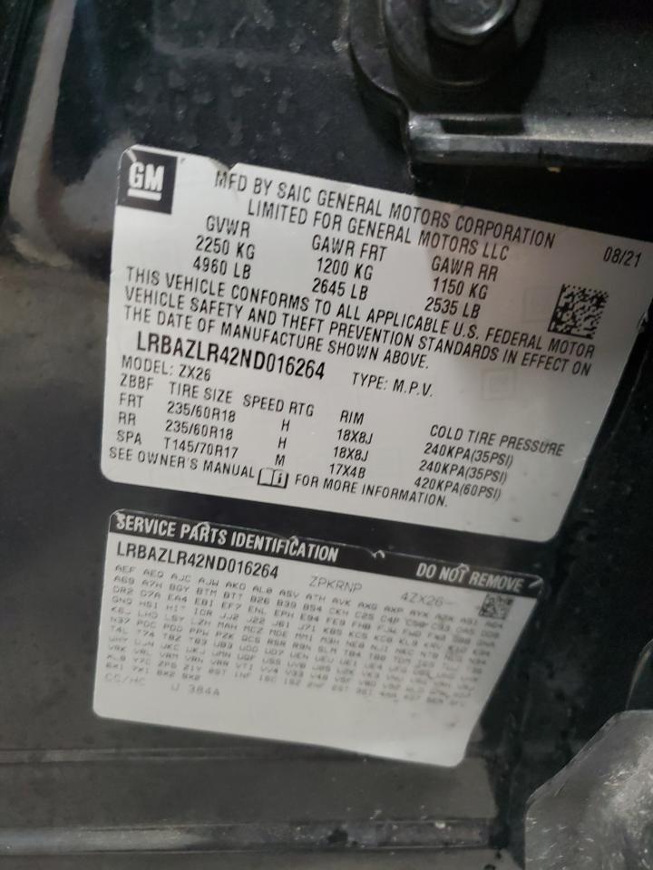 2022 BUICK ENVISION PREFERRED VIN:LRBAZLR42ND016264