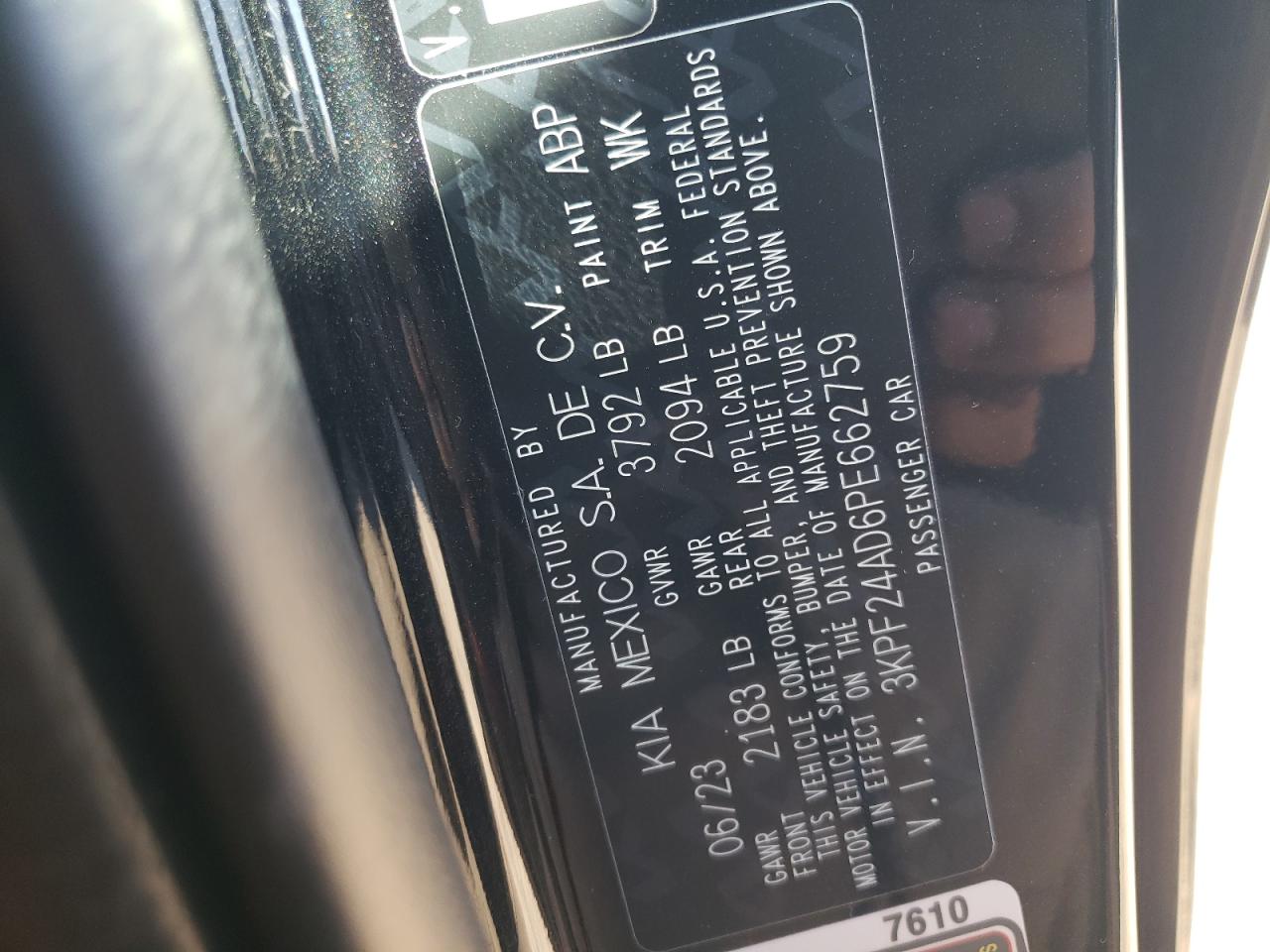 2023 KIA FORTE LX VIN:3KPF24AD6PE662759