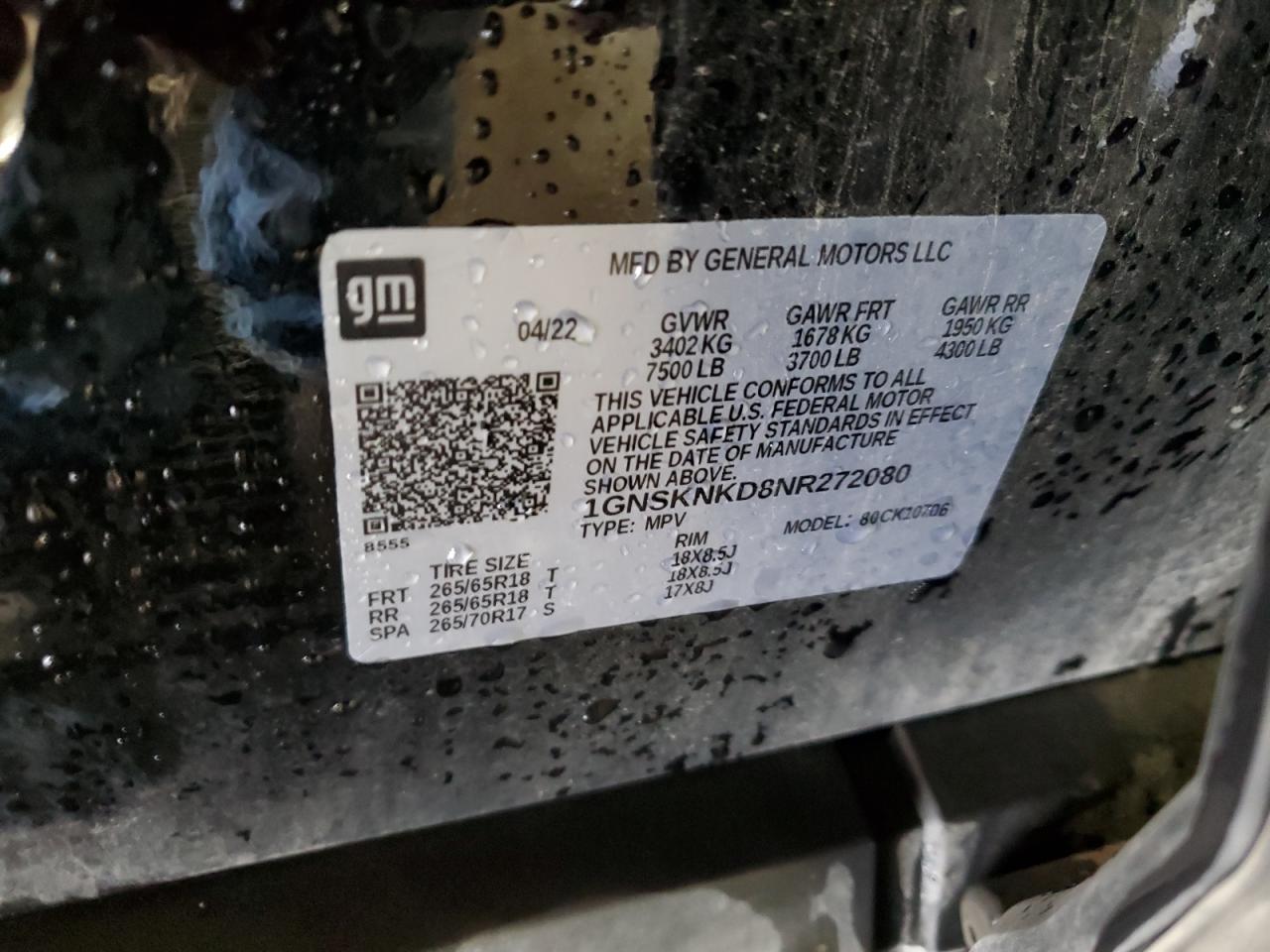 2022 CHEVROLET TAHOE K1500 LT VIN:1GNSKNKD8NR272080