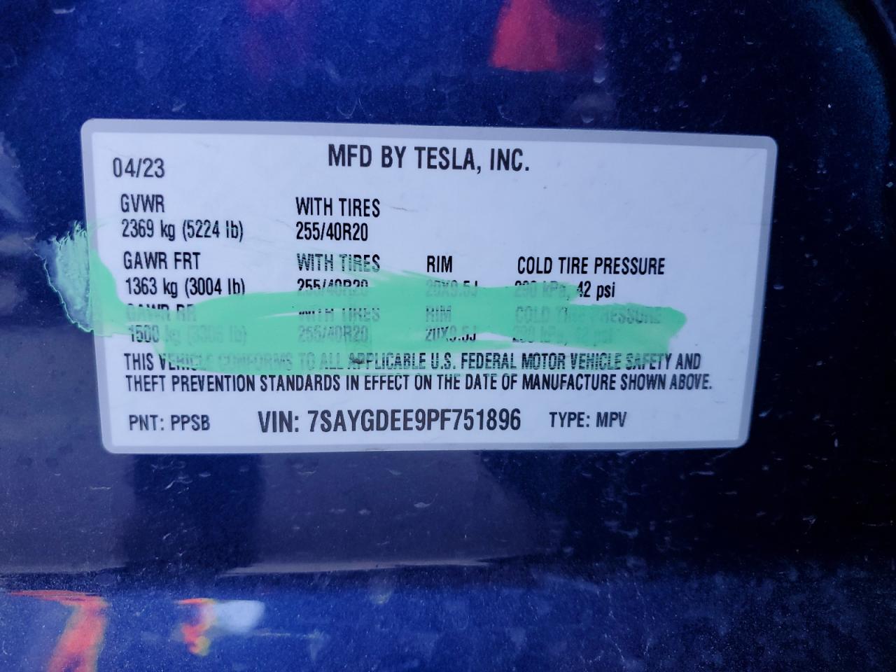 2023 TESLA MODEL Y  VIN:7SAYGDEE9PF751896