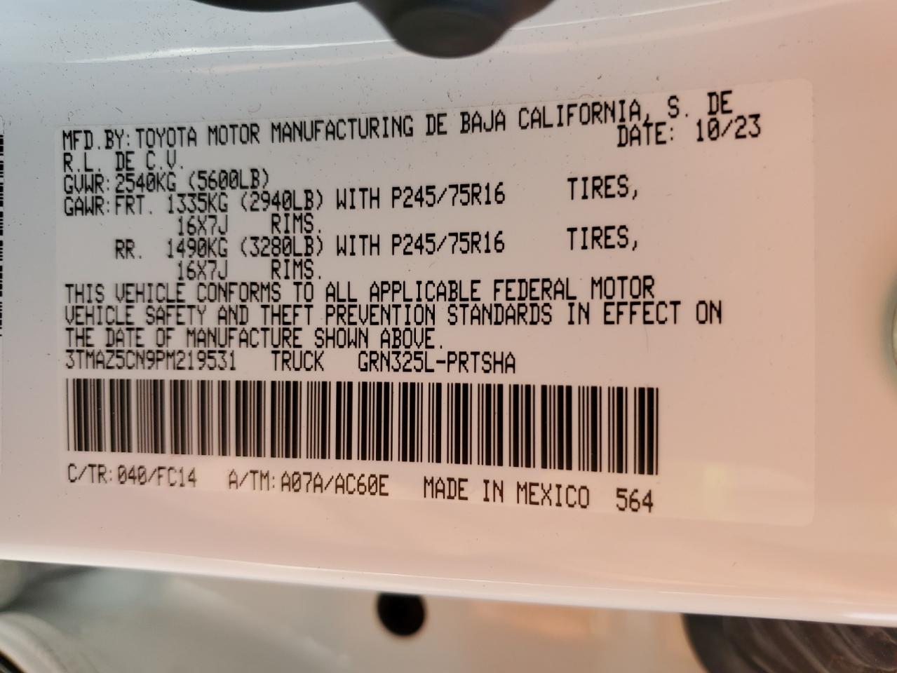 2023 TOYOTA TACOMA DOUBLE CAB VIN:3TMAZ5CN9PM219531