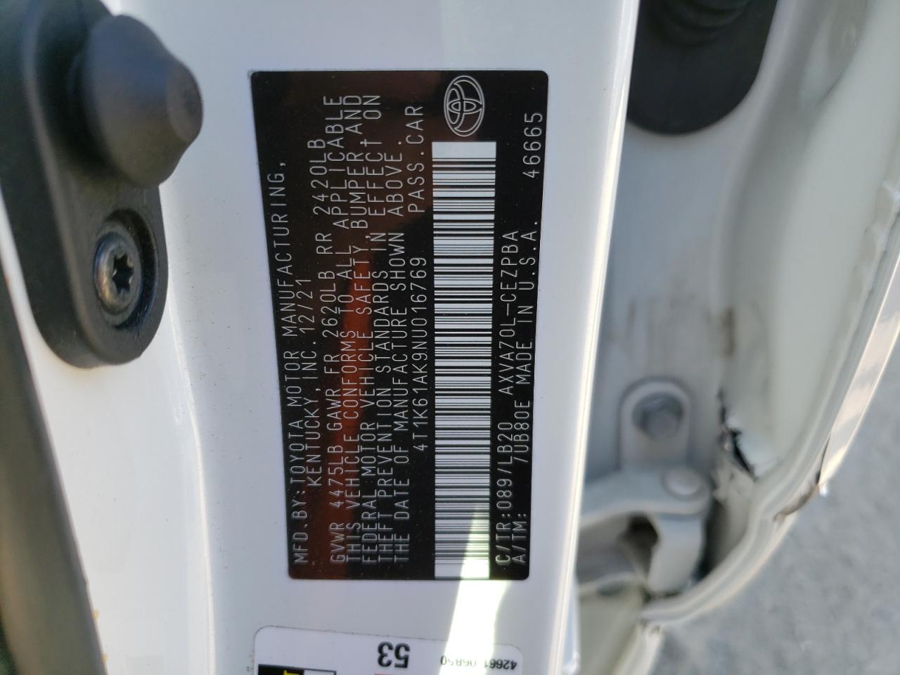 2022 TOYOTA CAMRY XSE VIN:4T1K61AK9NU016769