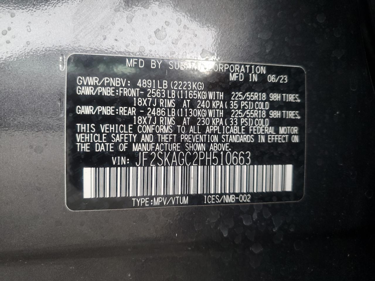 2023 SUBARU FORESTER SPORT VIN:JF2SKAGC2PH510663