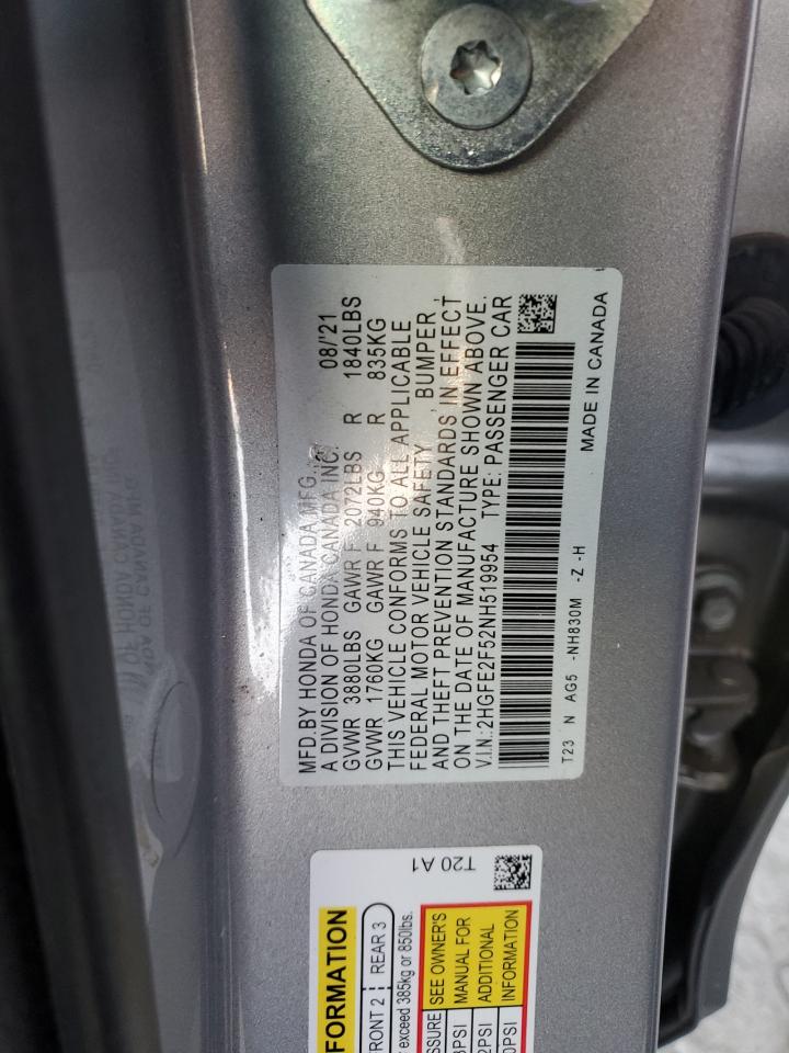 2022 HONDA CIVIC SPORT VIN:2HGFE2F52NH519954