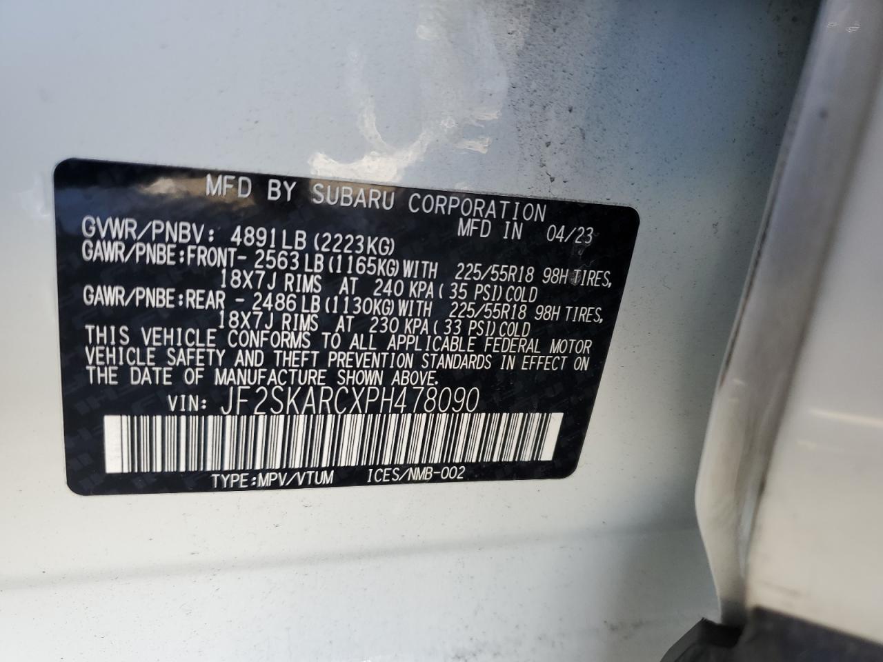 2023 SUBARU FORESTER TOURING VIN:JF2SKARCXPH478090