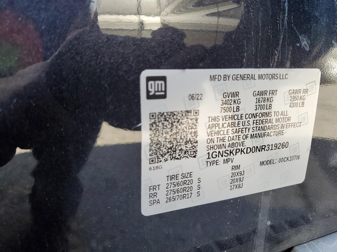 2022 CHEVROLET TAHOE K1500 Z71 VIN:1GNSKPKD0NR319260