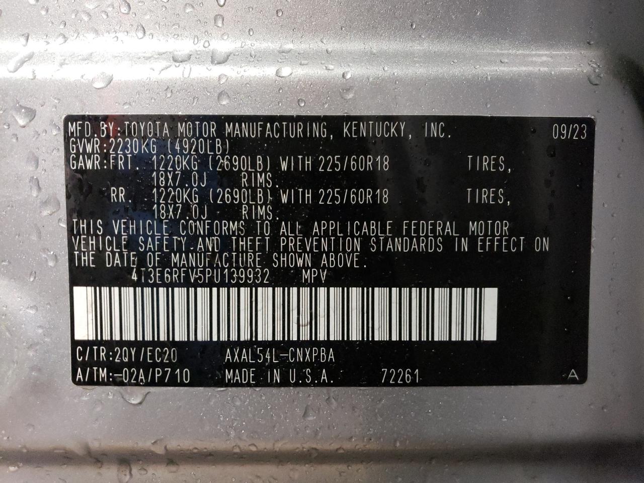 2023 TOYOTA RAV4 XSE VIN:4T3E6RFV5PU139932