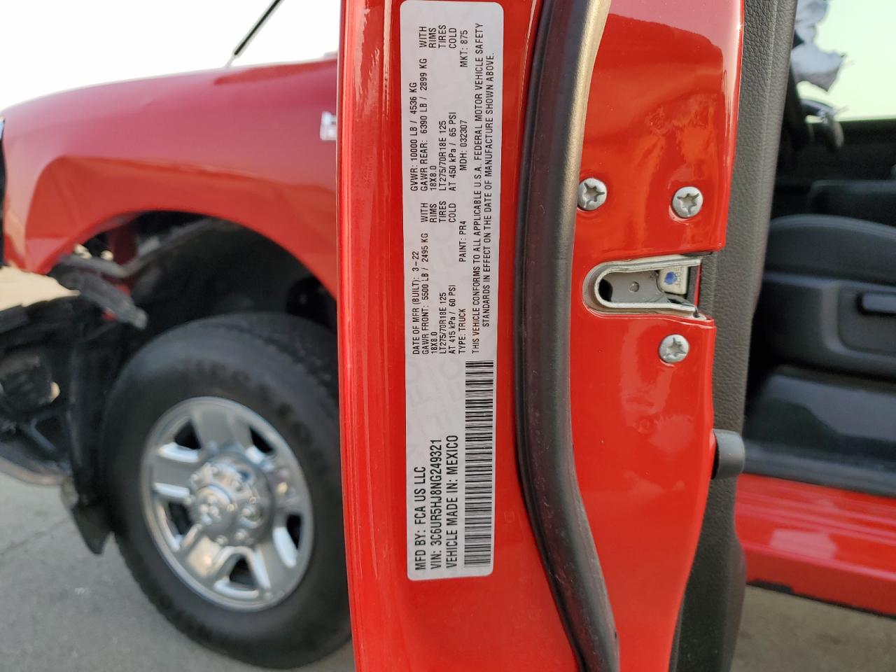 2022 RAM 2500 TRADESMAN VIN:3C6UR5HJ8NG249321