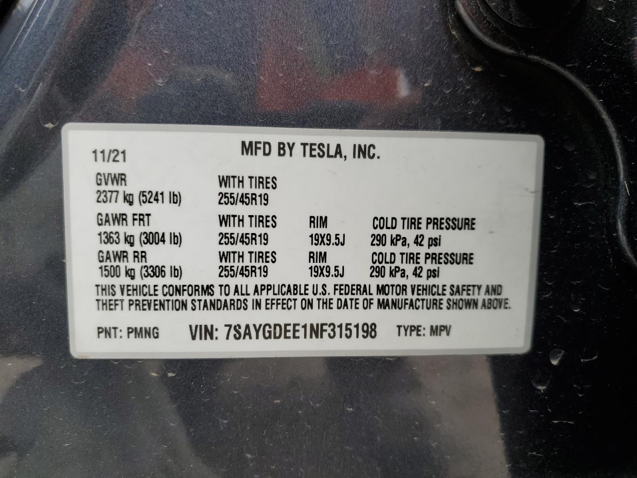 2022 TESLA MODEL Y  VIN:7SAYGDEE1NF315198
