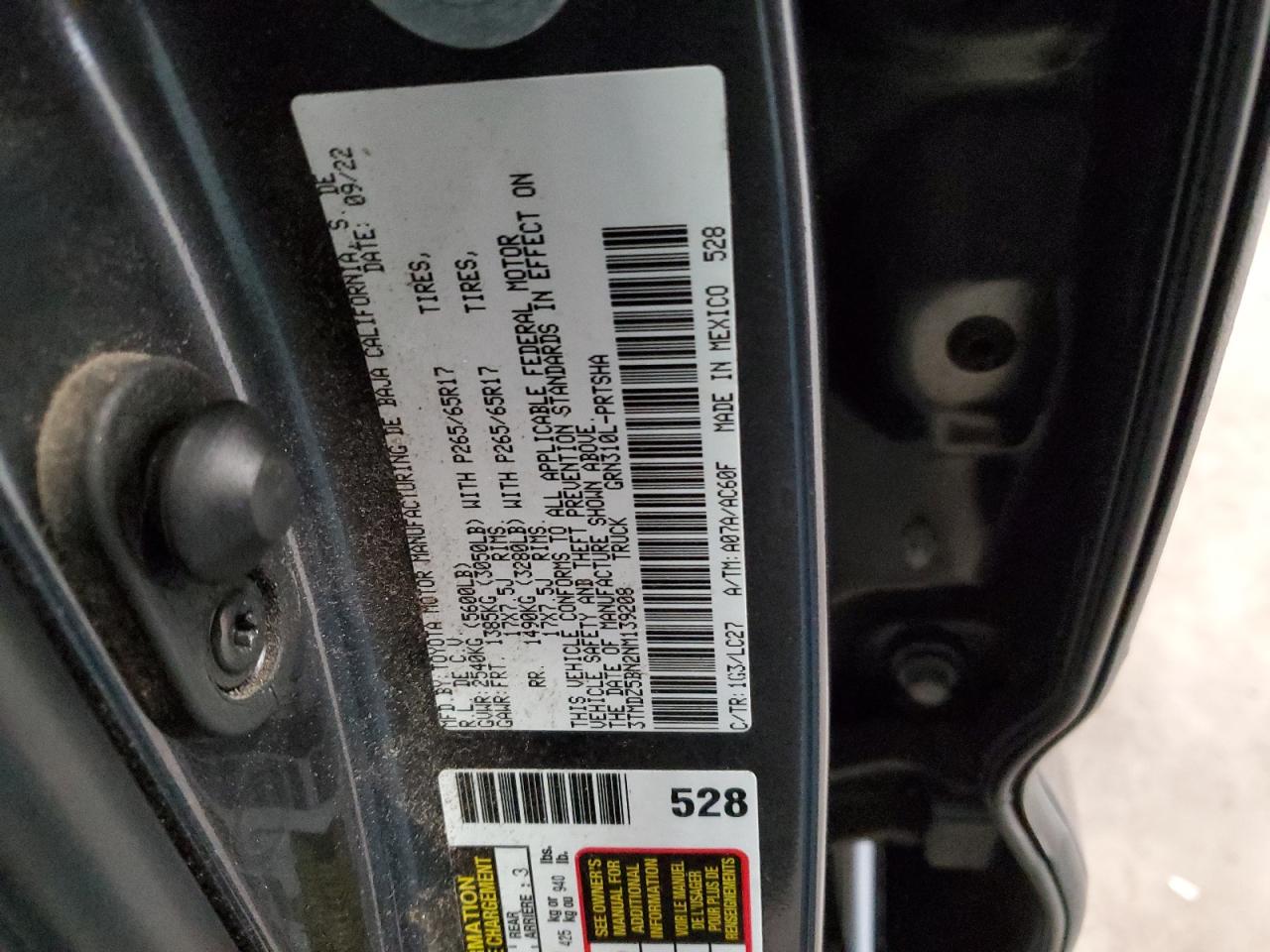 2022 TOYOTA TACOMA DOUBLE CAB VIN:3TMDZ5BN2NM139208