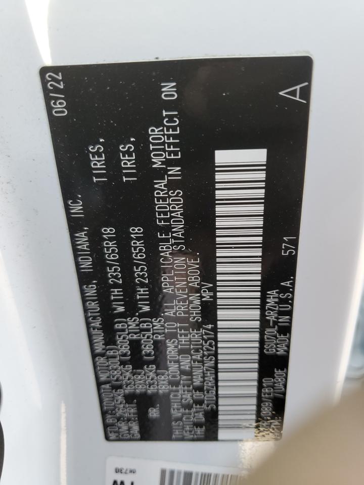 2022 TOYOTA HIGHLANDER XLE VIN:5TDGZRAH7NS125174