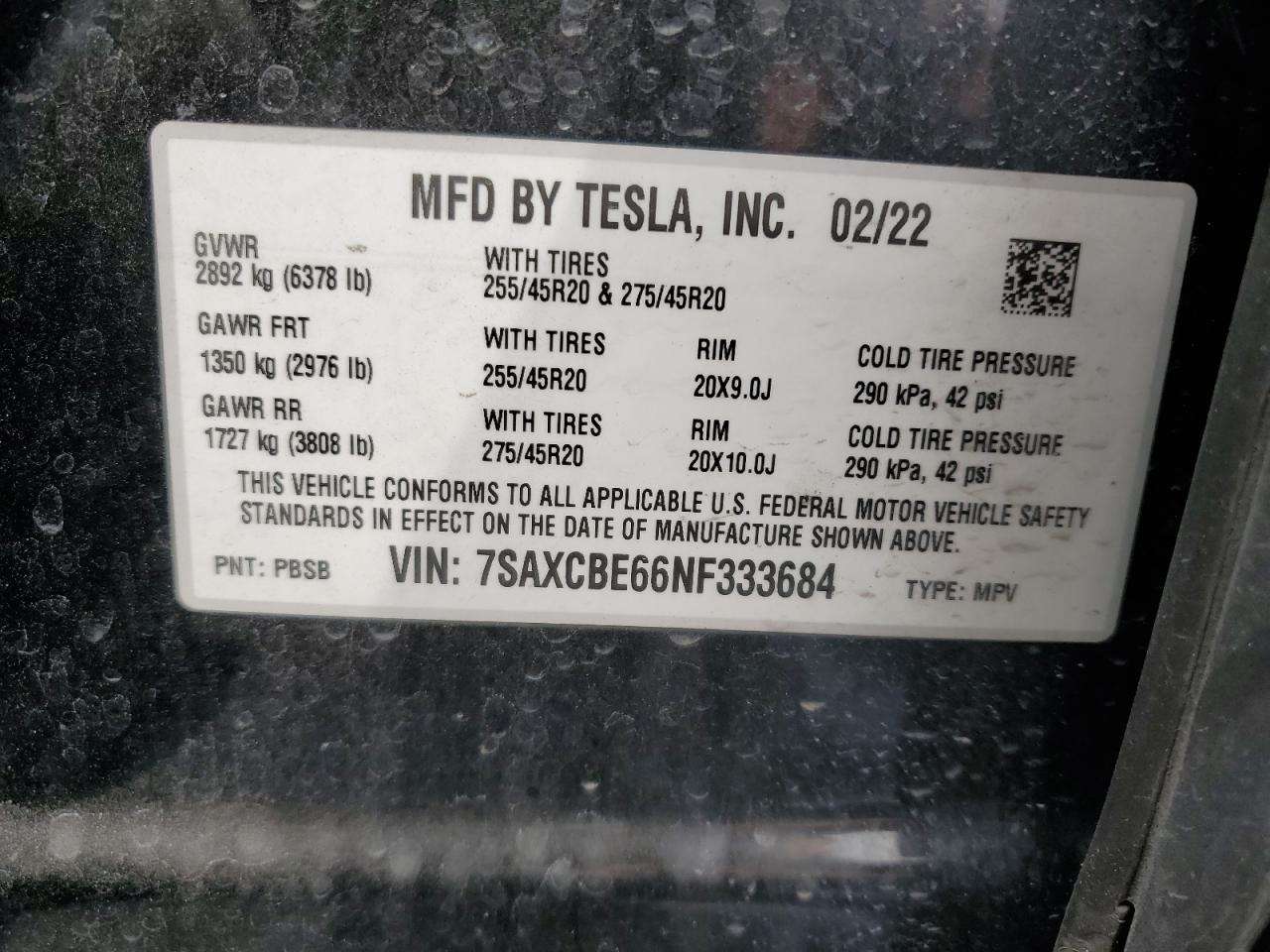 2022 TESLA MODEL X  VIN:7SAXCBE66NF333684