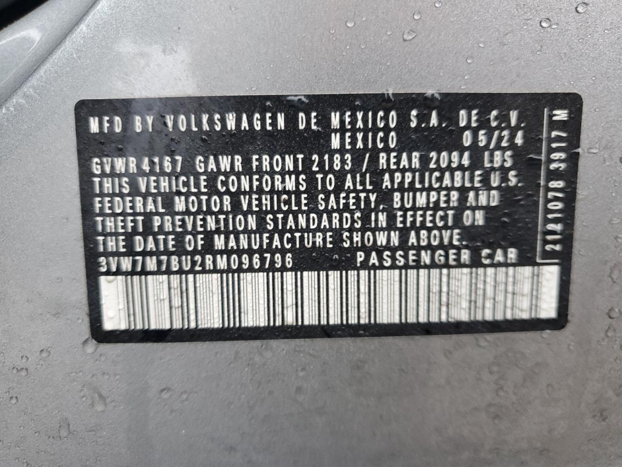 2024 VOLKSWAGEN JETTA SE VIN:3VW7M7BU2RM096796