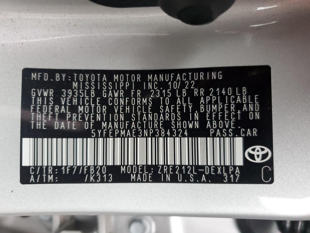 2022 TOYOTA COROLLA LE VIN:5YFEPMAE3NP384324