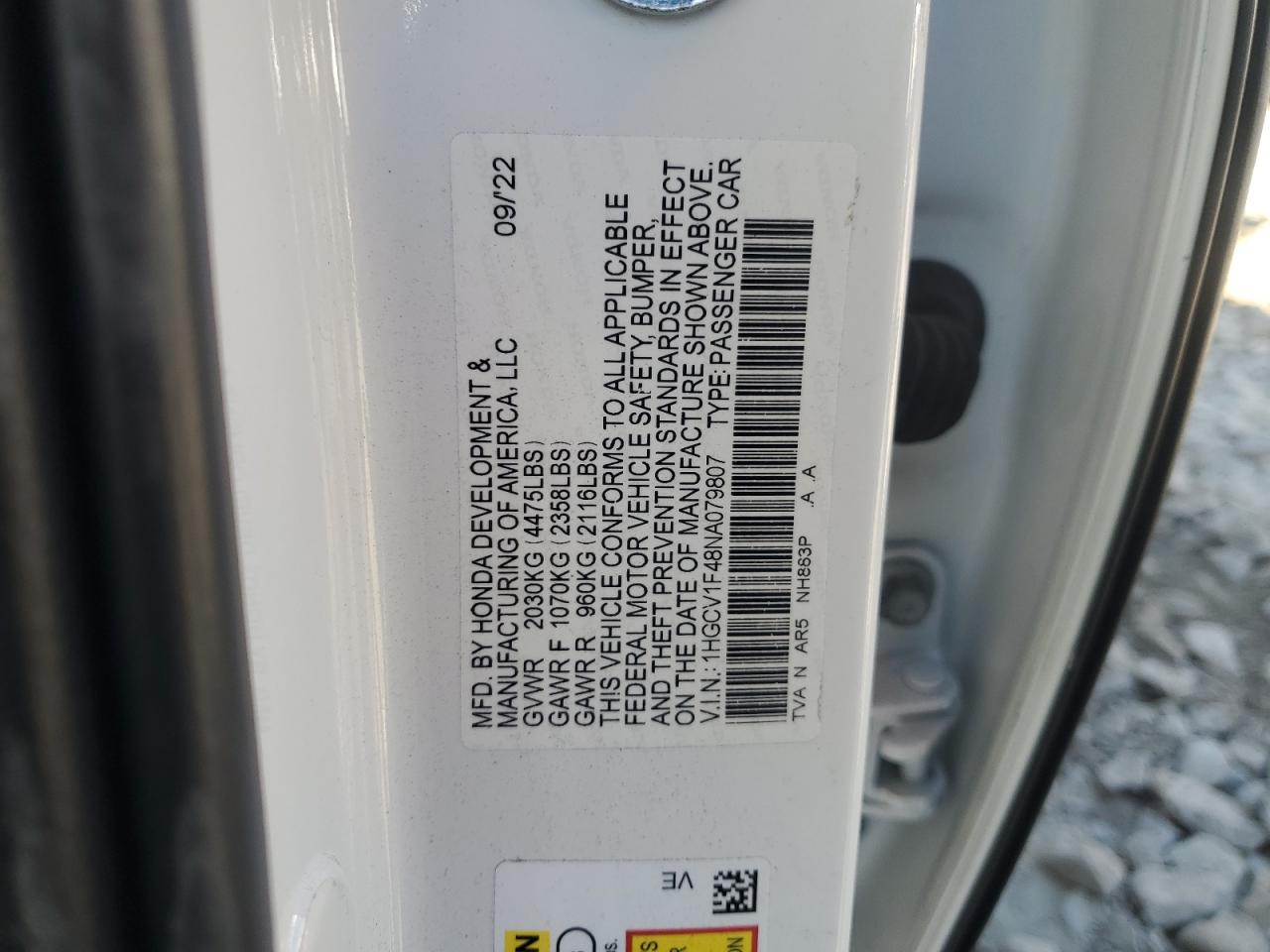 2022 HONDA ACCORD SPORT SE VIN:1HGCV1F48NA079807