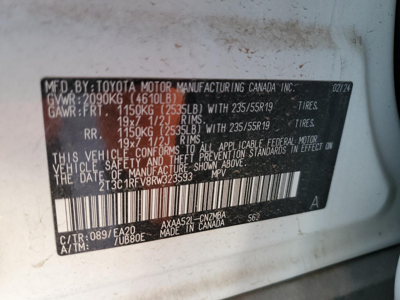 2024 TOYOTA RAV4 XLE PREMIUM VIN:2T3C1RFV8RW323593