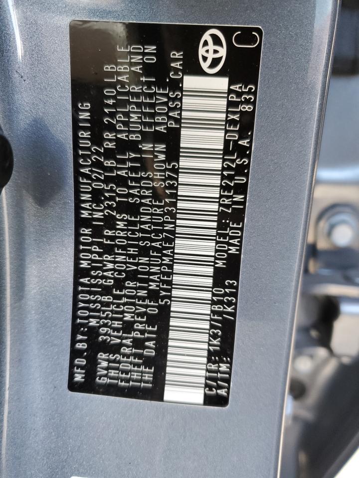 2022 TOYOTA COROLLA LE VIN:5YFEPMAE7NP311375