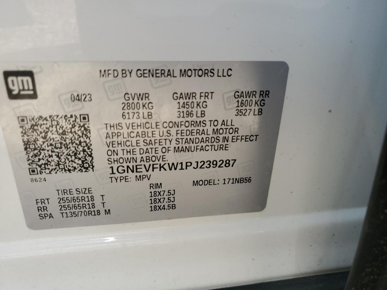 2023 CHEVROLET TRAVERSE LS VIN:1GNEVFKW1PJ239287