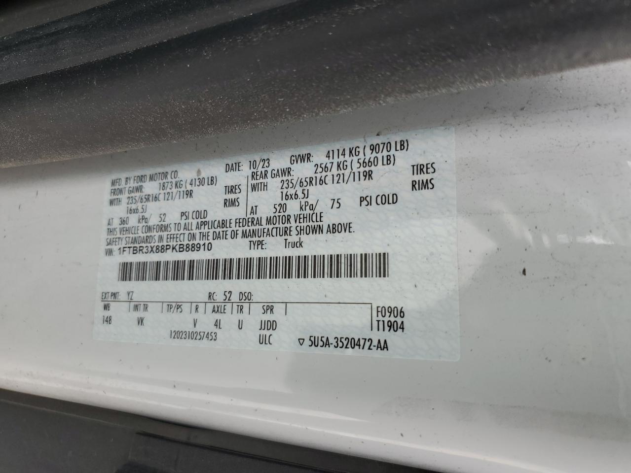 2023 FORD TRANSIT T-250 VIN:1FTBR3X88PKB88910