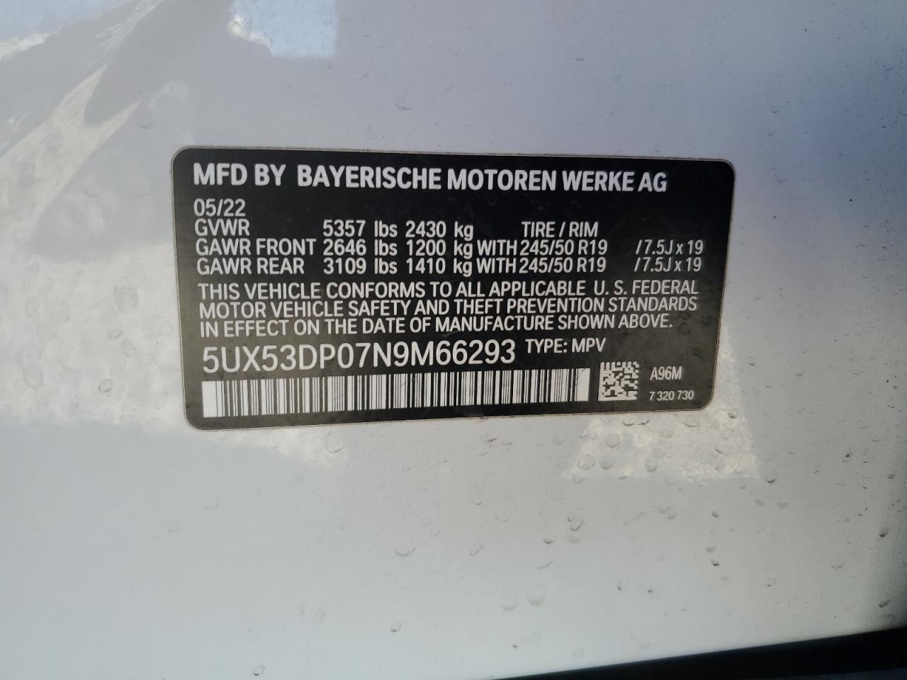 2022 BMW X3 XDRIVE30I VIN:5UX53DP07N9M66293