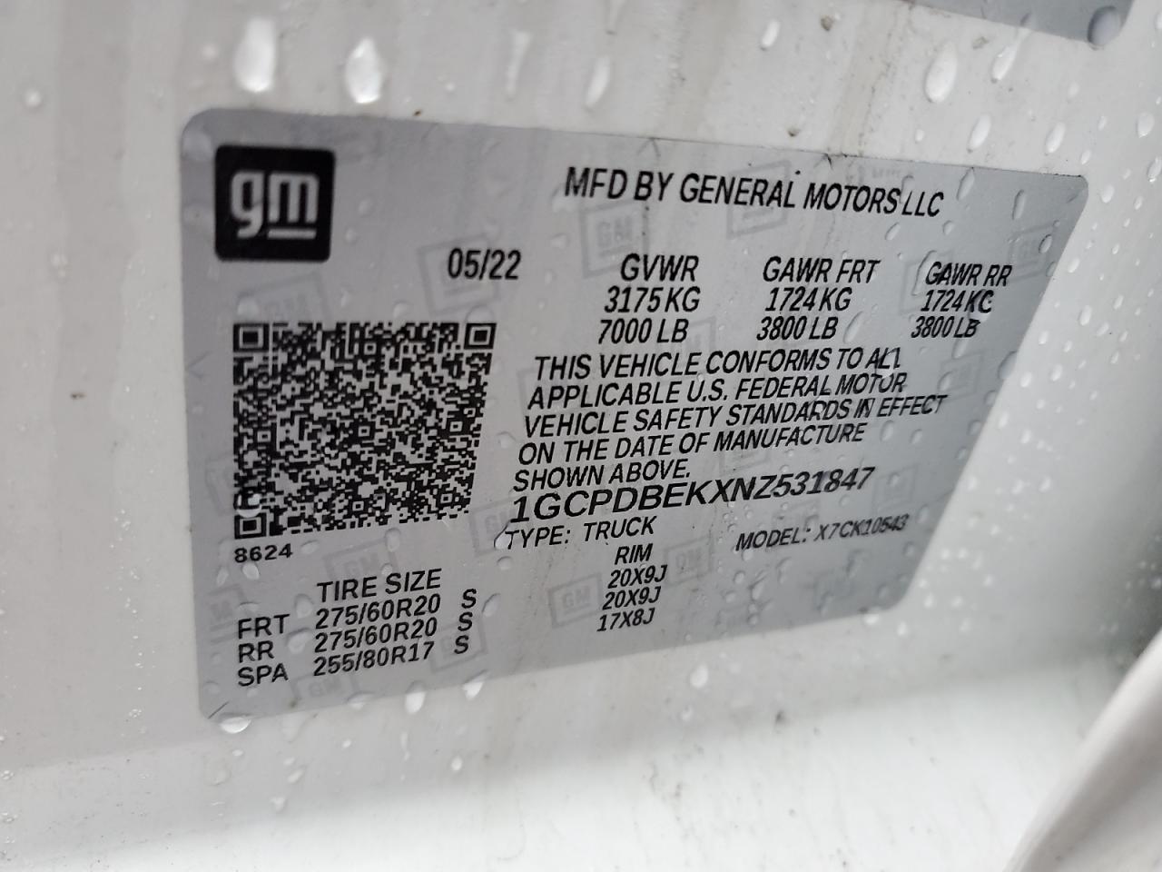 2022 CHEVROLET SILVERADO K1500 CUSTOM VIN:1GCPDBEKXNZ531847